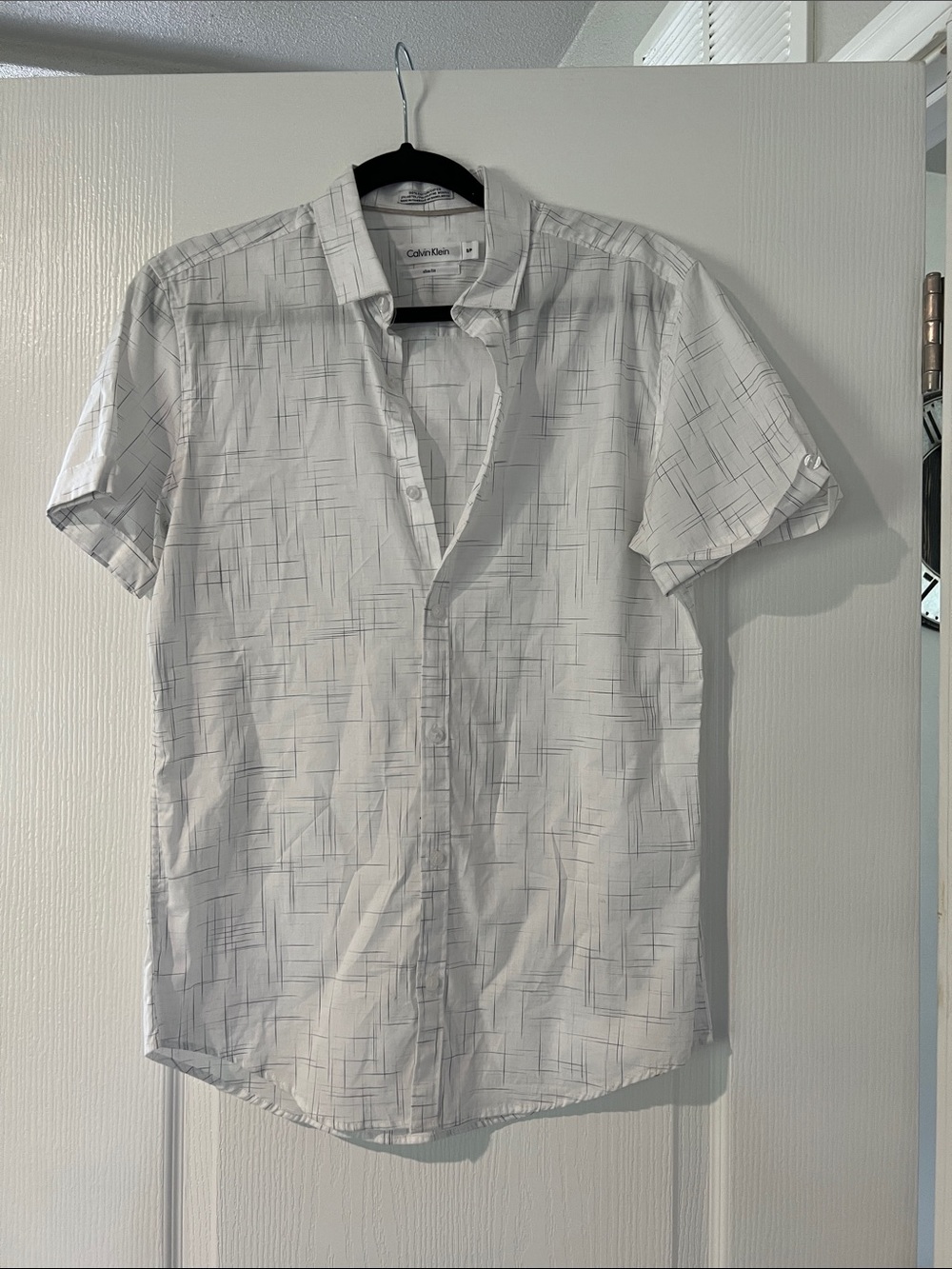 Calvin Klein White Short-Sleeve Button-Down with Gray Grid Lines